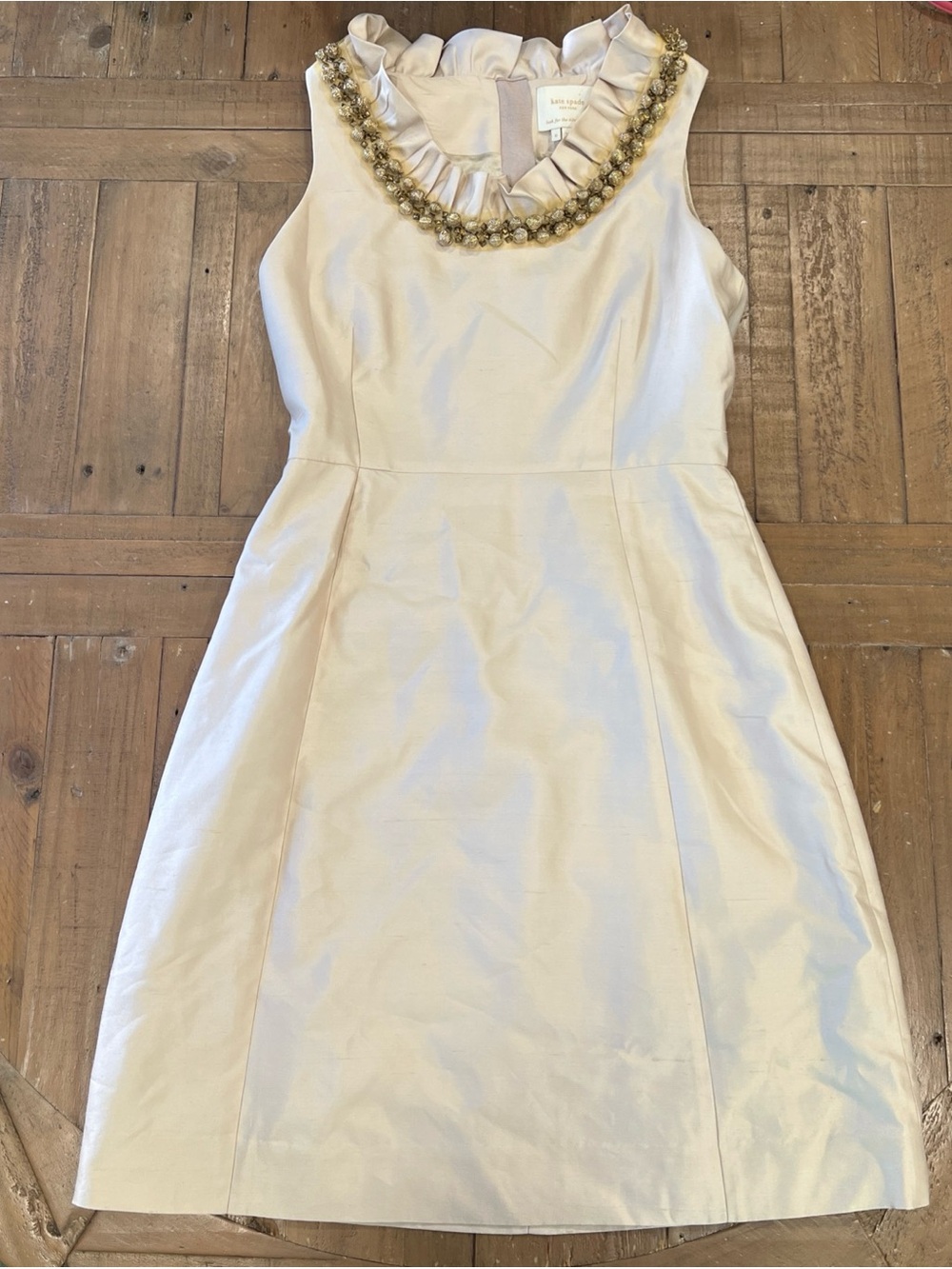 KATE SPADE Champagne Ruffle Neckline Removable Trim Silk Dress Size 6 Preppy